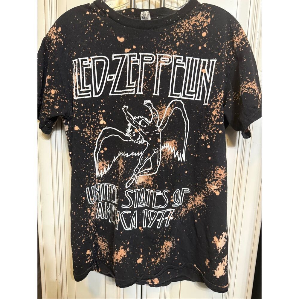 Alstyle Women's Short Sleeve Bleached Led Zeppelin Band Tee Black Brown Medium